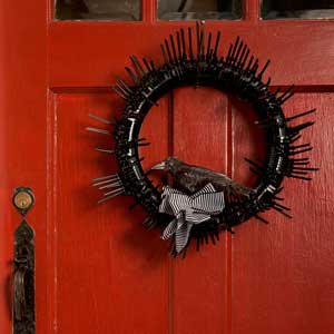 black halloween gothic wreath on front door