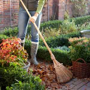 woman clearing leaves with rake in patio area