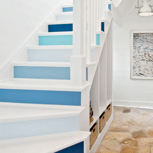cottage style staircase with risers painted variations of blue, paint ideas for stair risers
