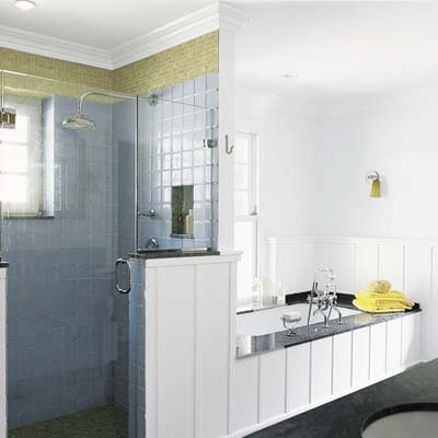 wide bath with shower and tub with plenty of surface area