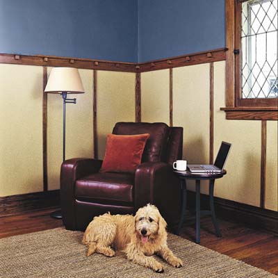 reading nook  has new wainscoting and paint colors. Rich blue on top and soft yellow-gold in the bottom