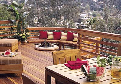 a deck with semi-circular seats, a gaspit, and solar-cell lanterns