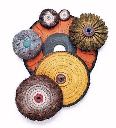wheels of cotton, silk, and brass wire to polish metal surfaces