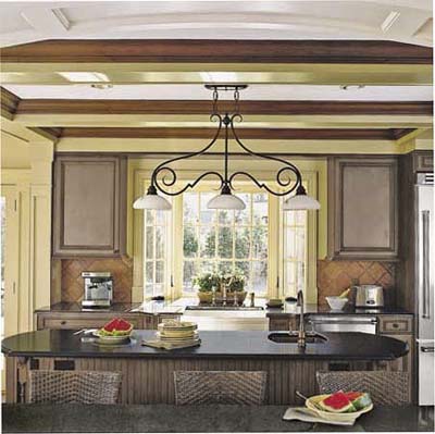 breakfast bar and island in Tudor Revival kitchen