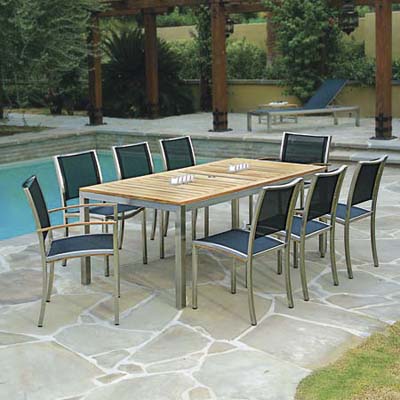 teak, PVC-coated polyester and stainless steel patio furniture set