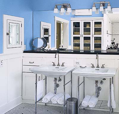 Double sinks and built-in in shared bathroom