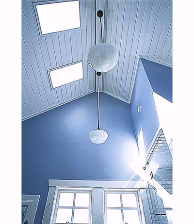 Raised roof and pendant fixtures in shared bathroom