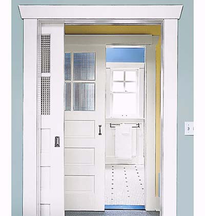 Sliding doors between master bedroom and shared bathroom