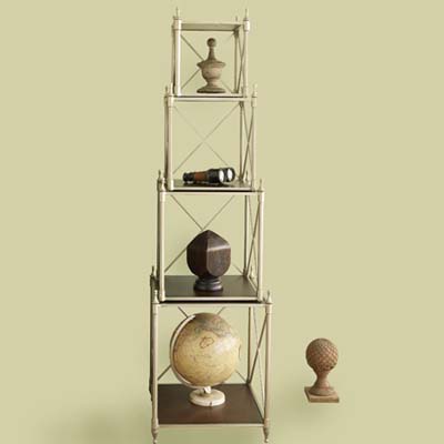 collections, tiers, shelving, newel posts, binoculars, globe, shelving
