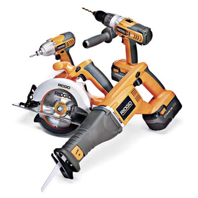 Ridgid's four-piece kit with variable-speed saw, hammer drill, circular saw, and impact driver