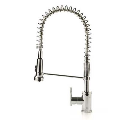 chrome arched faucet has a commercial look for modern kitchens