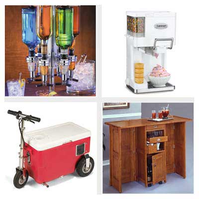 liquor shot dispensers, soft-serve ice cream maker, collapsible bar, cooler on a tricycle
