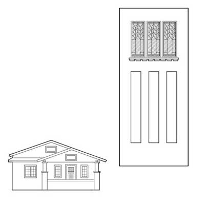 craftsman style white oak slab door with Frank Lloyd Wright–style windows and dentil molding