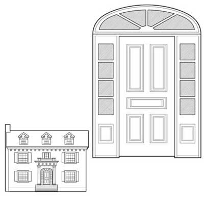 colonial revival prehung five-panel Spanish cedar door surrounded by true divided lights