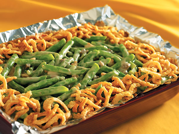 casserole in a baking dish lined with aluminum foil for easy clean-up