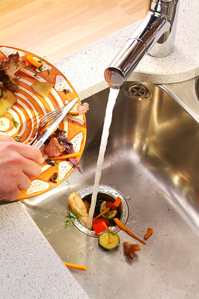 hand scraping what's left on a used dish into a sink with disposal unit
