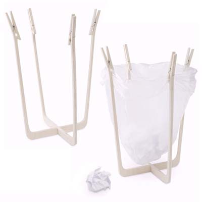 wood frame with clips so you can use plastic shopping bags as an easy to clean bathroom trash can