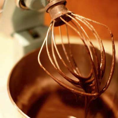 mixer over a bowl of chocolate batter