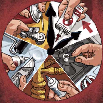 clock face over a pie-graph with various repairs getting done by working hands