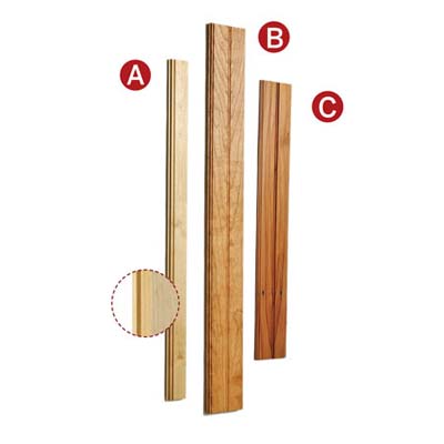 display of three types of wainscoting boards to use as sticks
