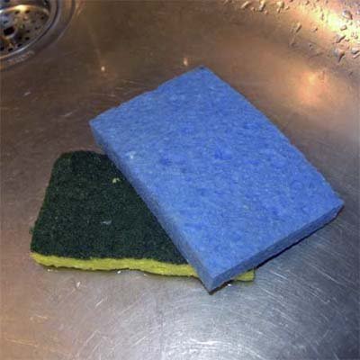 used sponges resting at the bottom of a steel sink