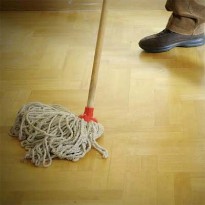 push mop resting on a wood floor