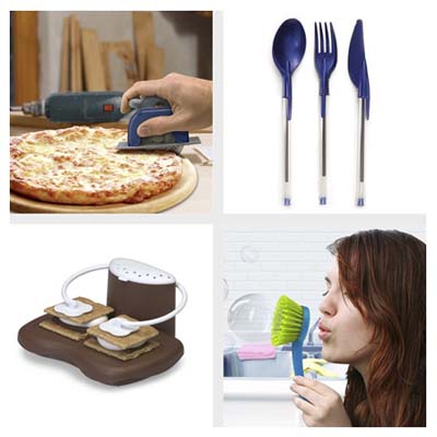 a pizza cutter made to look like a circular saw, four magnets that look like screws, pens with plastic eating utensils as caps, a 