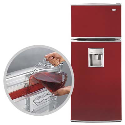 red refrigerator with inset showing someone using the in-door beverage reservoir