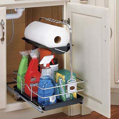 grab and go cleaning caddy installed in a cabinet