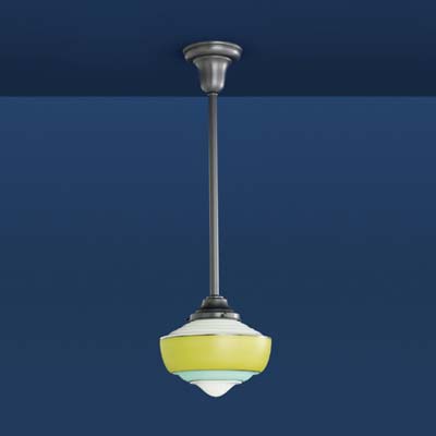 schoolhouse pendant light in antique black with lime and aqua stripes