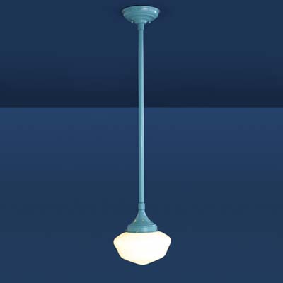 schoolhouse pendant light in aqua-green powder coating, with simple, white shade