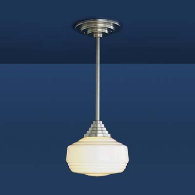 schoolhouse pendant light in satin nickel, with Art Deco designed shade and stem