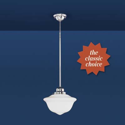 schoolhouse pendant light in polished nickel, with a clean-lined flared shade