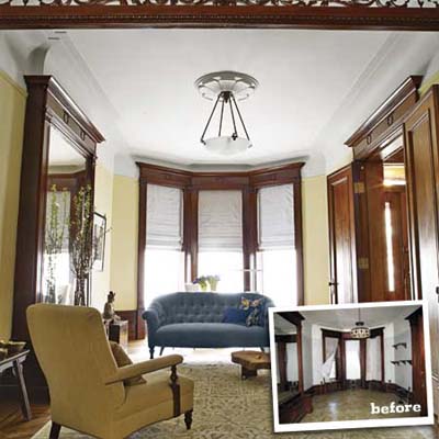 finished and furnished living room with inset of the space before it was remodeled