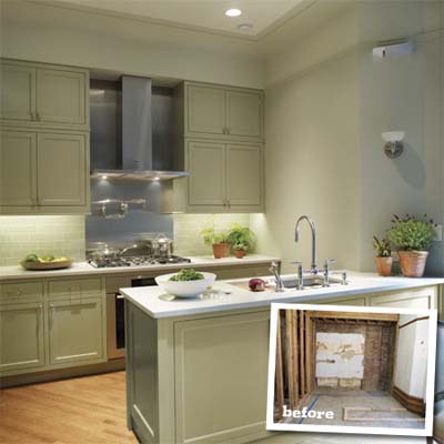 finished kitchen with double-height cabinets and simple profiles with inset of kitchen before remodel