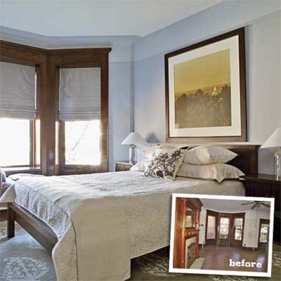use of cool colors in the refinished and decorated bedroom with inset photo of space before it was remodeled