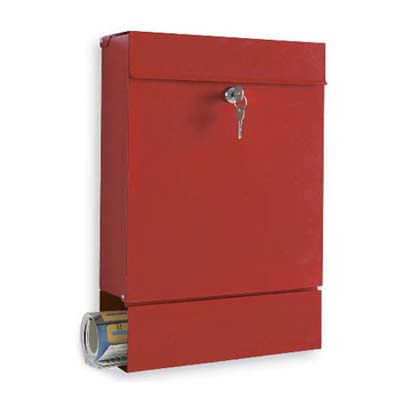 locking red mailbox with paper holder on the bottom