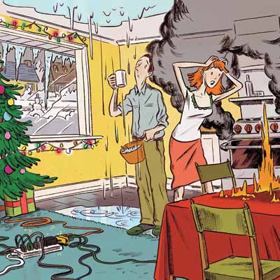 illustration of holiday disaster in kitchen