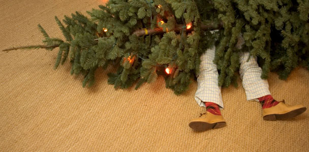 man lying on floor underneath fallen christmas tree