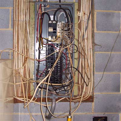 impossibly confused wiring sticking out all over an electrical box