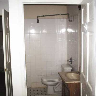 toilet installed inside a working shower stall