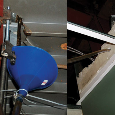 funnel collecting water from roof leak in home inspection