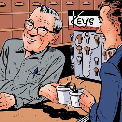 cartoon of man talking with hardware store cashier