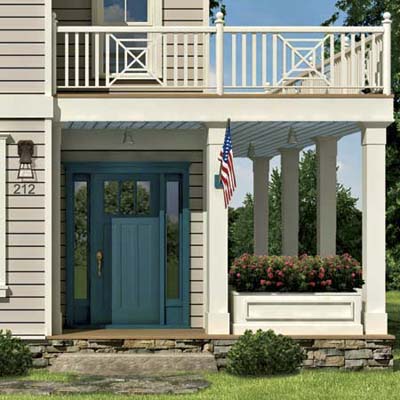 the Photoshop rendering of an architect's proposed changes to a house emphasizing a two-story wraparound porch