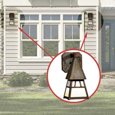 the Photoshop rendering of an architect's proposed changes to a house emphasizing the sconces in front of the house