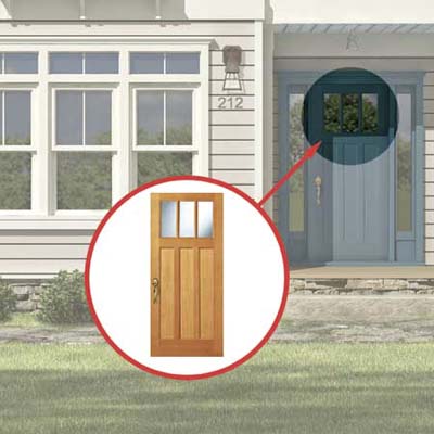 the Photoshop rendering of an architect's proposed changes to a house emphasizing the front door