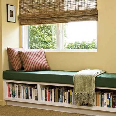 living room window seat with open window