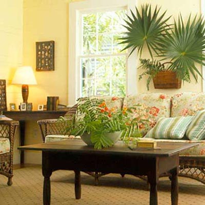 a living room made over in Key West style