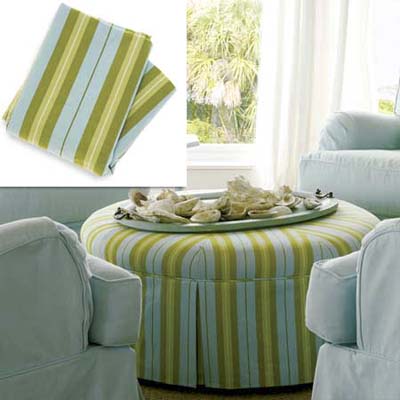 striped cotton slipcover fabric on ottoman
