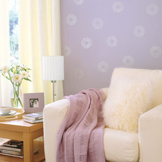 living room with lavender walls and silver stamp design